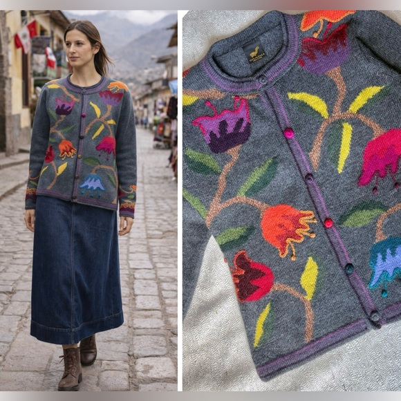 Alpaca Sweaters - 🦙🧶100% Peruvian Alpaca Floral Embroidered Button-Up Sweater Cardigan